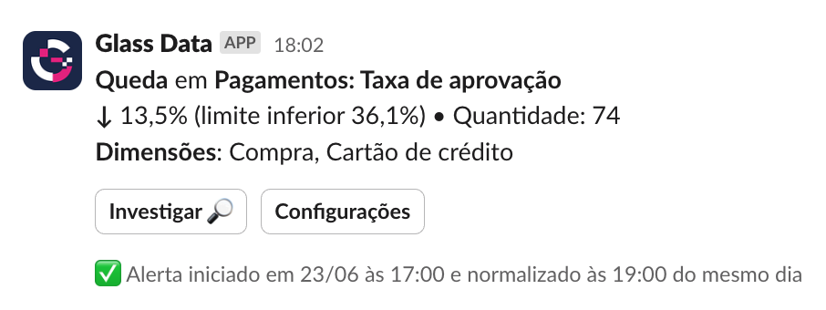 Exemplo de alerta via Slack.